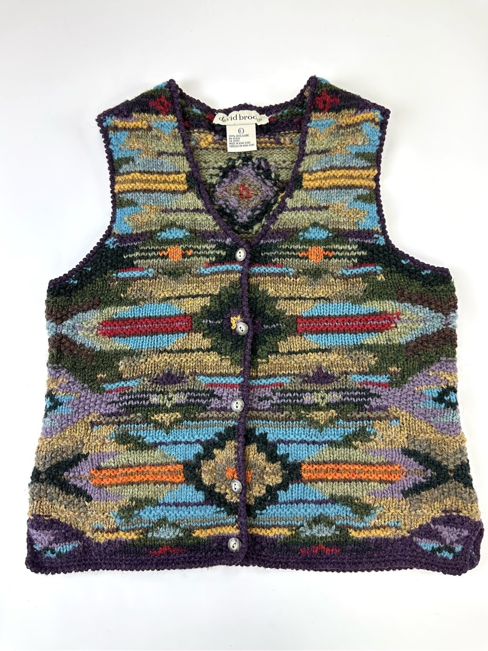 Vintage 90s David Brooks Wool Sweater Vest Southwest Chunky Knit Medium